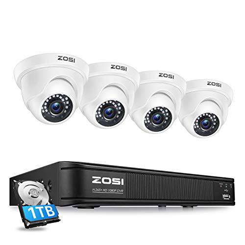 ZOSI 1080P H.265+ 홈 보안카메라, CCTV 시스템, 5MP 라이트 8 채널 감시 DVR  하드디스크 1TB and 4 x 1080p 내후성 CCTV 돔 카메라 아웃도어 실내 80ft 나이트 비전, 모션 알림