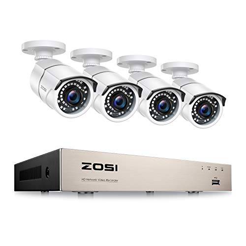 ZOSI 8CH H.265+ PoE 홈 보안카메라, CCTV 시스템 아웃도어 실내, 8-Channel 5MP PoE NVR 레코더, 4pcs 유선 2MP 1080p 감시 Bullet PoE IP 카메라 120ft 롱 나이트 비전 (No 하드디스크)