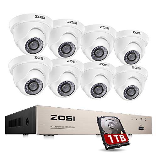 ZOSI 8CH 1080P 보안카메라, CCTV 시스템  하드디스크 1TB, H.265+ 8 채널 5MP 라이트 HD-TVI DVR 레코더 and 8pcs 1920TVL 내후성 CCTV 돔 카메라 실내 아웃도어, 80ft 나이트 비전, 리모컨 액세스