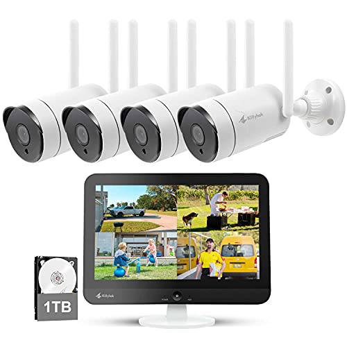 [8CH 확장가능] Kittyhok 올인원 2K 무선 보안카메라, CCTV 시스템 12 HD 모니터, 4Pcs 3MP IP 감시 카메라 2 웨이 오디오, 리모컨 뷰, 24/ 7 레코딩, 1TB HDD