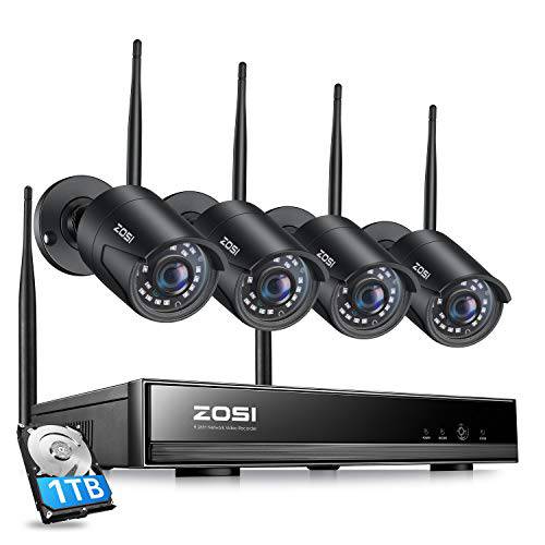 ZOSI H.265+ 1080p 무선 보안카메라, CCTV 시스템 가정용, 8CH 네트워크 비디오 레코더 (NVR) 4 x 2MP 오토 매치 와이파이 IP카메라 아웃도어 실내, 80ft 나이트 비전, 1TB HDD 포함