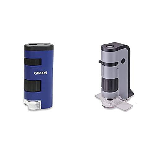 Carson 포켓 마이크로 20x-60x LED 라이트 줌 필드 현미경 비구면 렌즈 시스템 (MM-450), 블루& MicroFlip 100x-250x LED 라이트 포켓 현미경 플립 다운 슬라이드 베이스