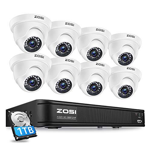 ZOSI 1080P H.265+ 홈 보안카메라, CCTV 시스템, 5MP 라이트 8 채널 감시 DVR  하드디스크 1TB and 8 x 1080p 내후성 CCTV 돔 카메라 아웃도어 실내 80ft 나이트 비전, 모션 알림