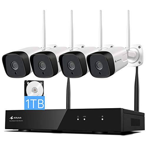 [듀얼 와이파이, 2K 비디오] Kittyhok 3MP 무선 보안카메라, CCTV 시스템 1TB HDD, 4Pcs 아웃도어/ 실내 와이파이 홈 감시 카메라 나이트 비전, IP66 방수, 24/ 7 레코딩 비디오 and 오디오