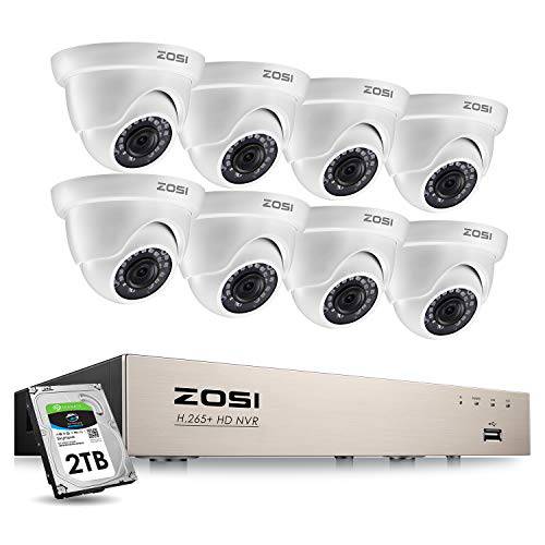 ZOSI 8CH PoE 홈 보안카메라, CCTV 시스템, H.265+ 8 채널 5MP NVR 레코더 2TB 하드 드라이브, 8pcs 유선 1080P 아웃도어 실내 PoE IP 돔 카메라 나이트 비전, 모션 경보, 리모컨 액세스