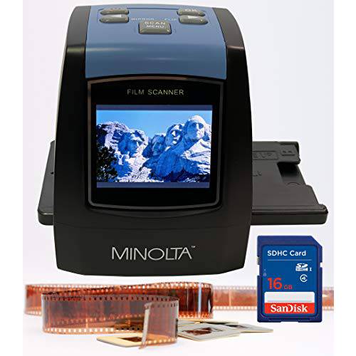 미놀타 필름&  슬라이드 스캐너, 변환 컬러& B& W 35mm, 126, 110 네거티브& 슬라이드S, 슈퍼 8 필름S to 하이 해상도 22MP JPEG 디지털 포토, 16GB SD 카드, 월드와이드 110V/ 240V AC 어댑터 (블랙)