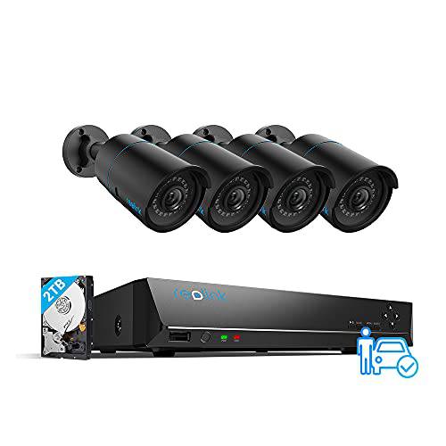 REOLINK 8CH 5MP 보안카메라, CCTV 시스템, 4pcs 침입자/ 차량 감지,센서 스마트 5MP 유선 아웃도어 PoE IP 카메라, 8MP 8CH NVR 2TB HDD 24-7 레코딩, RLK8-510B4-A 블랙