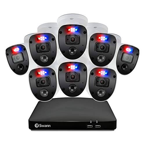 Swann Enforcer 홈 보안카메라, CCTV 시스템 8 채널 8 카메라 DVR CCTV, 유선 감시 1080p 풀 HD+ 1TB HDD, 컬러 나이트 비전,  레드&  블루 플래시 라이트,  알렉사+  구글, SWDVK-846808SL