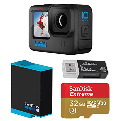 고프로 HERO10 블랙, 방수 액션 카메라, 5.3K60/ 4K 비디오, 1080p 라이브 스트리밍, 에센셜 번들,묶음 엑스트라 배터리, 32GB 마이크로SD 카드, 카드 리더, 리더기