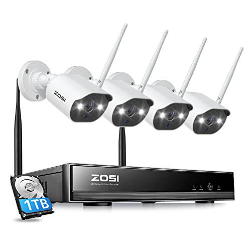 ZOSI 스포트라이트 무선 보안카메라, CCTV 시스템 1TB 하드 드라이브, 2K H.265+ 8CH CCTV NVR, 4pcs 1080P 아웃도어 와이파이 IP 카메라, 컬러 나이트 비전, 2 웨이 오디오, 리모컨 액세스, 홈 24-7 레코딩