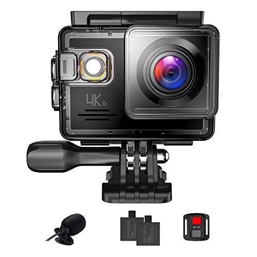4K EIS 액션 카메라, 카메라 방수 케이스, 외장 마이크,마이크로폰,  Two1050mAh 배터리 브이로그 카메라 와이파이, 지원 64GB SD 카드