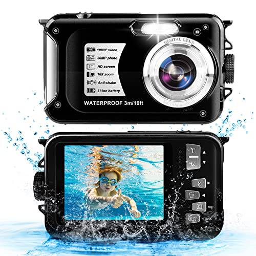 수중 카메라 10FT 1080P HD 16X 줌 방수 카메라 30MP 방수 디지털 카메라 비디오 수중 카메라 Snorkeling（Black）