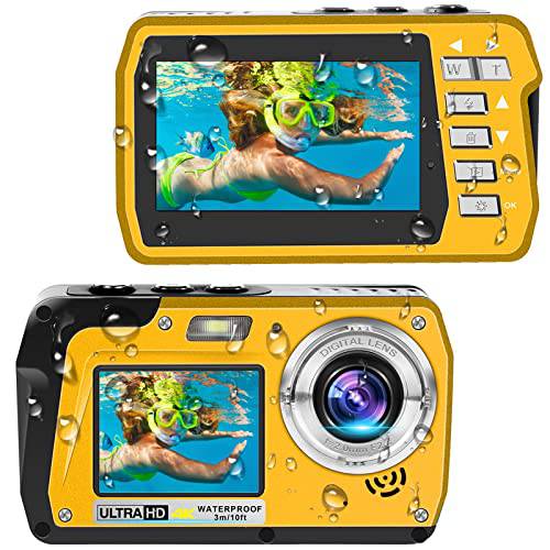 방수 카메라 수중 카메라 4K30FPS 56MP 풀 HD 비디오 레코더 셀피 듀얼 스크린 10FT 방수 디지털 카메라 스노클링 on 휴가 Beginners（Yellow）