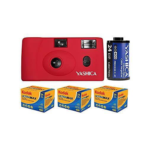 야시카 MF-1 스냅사진 아트 35mm 필름 카메라 세트 (레드) 1 야시카 400 and 3 코닥 GC/ UltraMax 400 필름 Rolls 번들,묶음 (4 아이템)