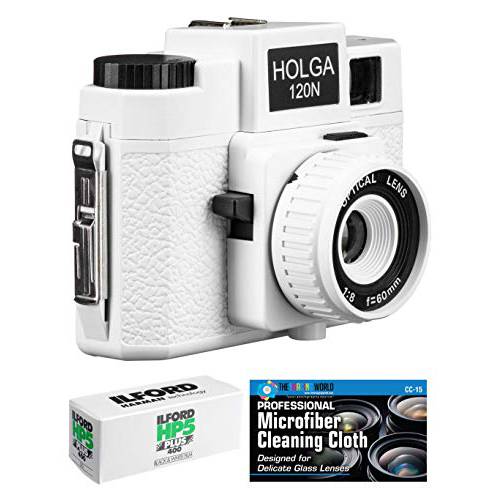 Holga 120N 미디엄 포맷 필름 카메라 (화이트) Ilford HP5 120 필름 번들,묶음 and 극세사 천