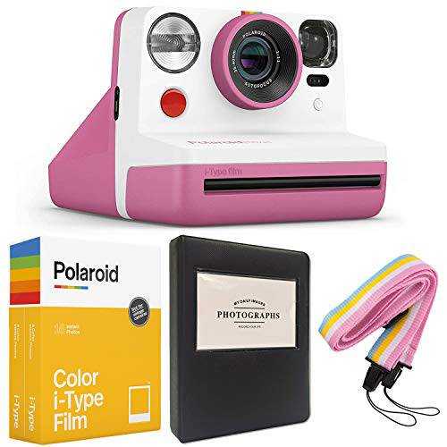 Polaroid Now i-Type 인스턴트 카메라 - 핑크+ Polaroid 컬러 i-Type 필름 (16 시트)+  블랙 앨범+  넥 스트랩 - 선물 번들,묶음
