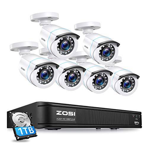 ZOSI 1080p 홈 보안카메라, CCTV 시스템 아웃도어 실내, H.265+ 5MP 라이트 CCTV DVR 레코더 8 채널  하드디스크 1TB and 6 x 1080p 내후성 감시 Bullet 카메라, 80ft 나이트 비전
