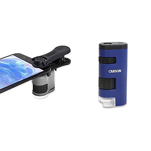 Carson MicroMini 20x LED 라이트 포켓 현미경 Built-in LED and UV 플래시라이트, 조명&  포켓 마이크로 20x-60x LED 라이트 줌 필드 현미경 비구면 렌즈 시스템 (MM-450), 블루