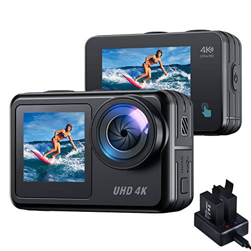 액션 카메라 4K 20MP 듀얼 스크린 스포츠 카메라, 40M 방수 수중 카메라, 와이파이 브이로그 카메라, PC 웹캠 EIS 리모컨, 충전기 and 2X 1350 배터리