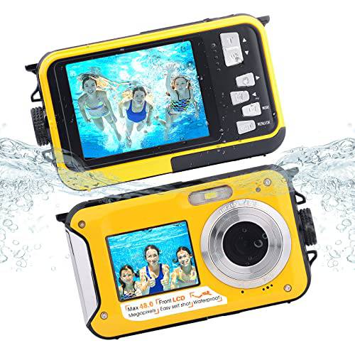 POSSRAB 13FT 수중 카메라, 48MP 포토 2.7K 비디오 방수 카메라, 듀얼 디스플레이 EIS 디지털 수중 카메라 스노클링, 서핑, Swimming-Yellow
