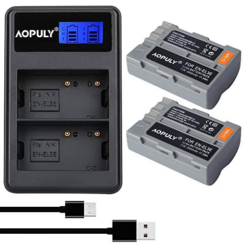 AOPULY 2-Pack 2400mAh EN-EL3 EN-EL3A 교체용 배터리 and LCD 듀얼 충전기 호환가능한 니콘 D50, D70, D70s, D80, D90, D100, D200, D300, D300S, D700 디지털 SLR 카메라