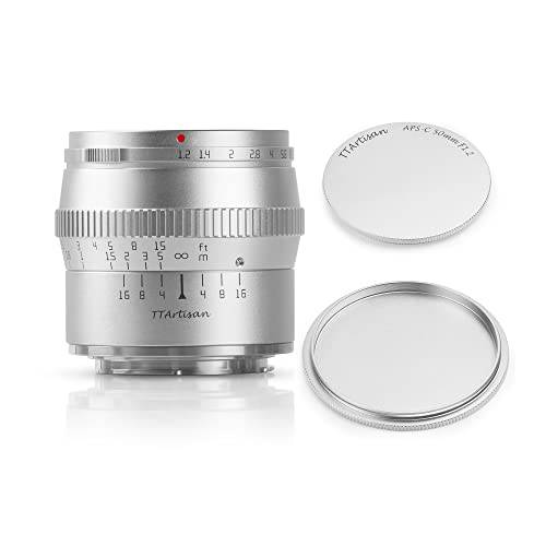 TTARTISAN 50mm F1.2 APS-C 라지 조리개 카메라 렌즈 수동 포커스 MF 호환가능한 후지 X 마운트 카메라 (실버)