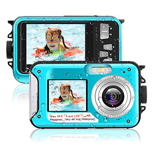 수중 카메라 10FT 방수 디지털 카메라 HD 2.7K 48MP 비디오 셀피 듀얼 스크린 16X 방수 카메라 수중 카메라 스노클링 (블루)