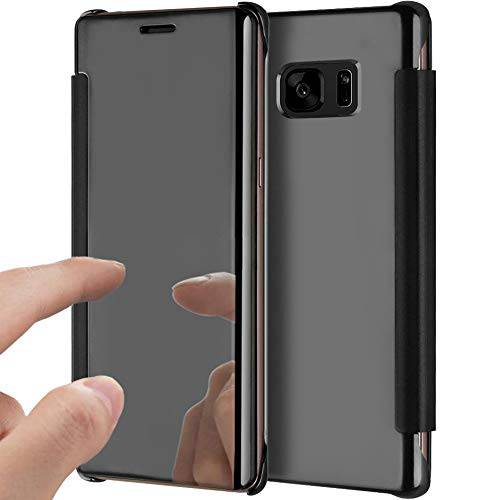 Galaxy Note 5 Case,Galaxy Note 5 Cover,ikasus Ultra-Slim Luxury Hybrid Shock-Absorption Clear View Flip Electroplate Plating Mirror Cover Flip Protective Case Cover for Galaxy Note 5,Black