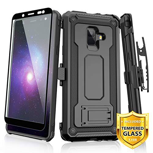 TJS Samsung Galaxy A6 2018 Case, with [Tempered Glass Screen Protector] 360° Belt Clip Holster Dual Layer Hybrid Shock Absorbing Resist Kickstand Armor Phone Case Cover (Black)