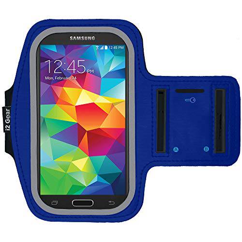 i2 Gear Cell Phone Armband Case for Running - Workout Phone Holder with Adjustable Arm Band and Reflective Border - Medium Armband for iPhone 8, 7, 6, 6S, Galaxy S6, S5, S4, HTC One, Purple, Blue