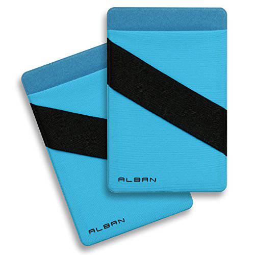 Alban 신용 카드 홀더 부착형, 스티커 휴대폰, 스마트폰 지갑 RFID 차단 with 핑거 스트랩 2 팩 (Blue)