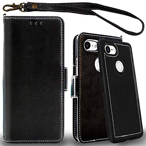 Mefon Google Pixel 2 XL Case Wallet Leather Detachable, with Tempered Glass and Wrist Strap, Enhanced Magnetic Closure, Card Slot, Kickstand, Durable Flip Folio Cases for Pixel 2 XL (Black)
