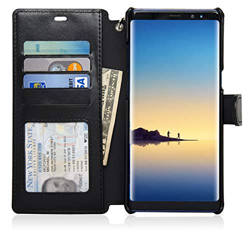 navor 가죽 Protective 지갑 케이스 [Folio Style] [RFID Theft Protection] [Card Slot+  사이드 Pocket] 마그네틱, 자석 클로져 호환가능한 for 삼성 갤럭시 메모,필기 8 - 블랙