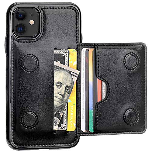 KIHUWEY 아이폰 11 지갑 케이스 신용 카드 Holder, 프리미엄 가죽 킥스탠드 듀러블 충격방지 Protective 커버 아이폰 11 6.1 Inch(Black)