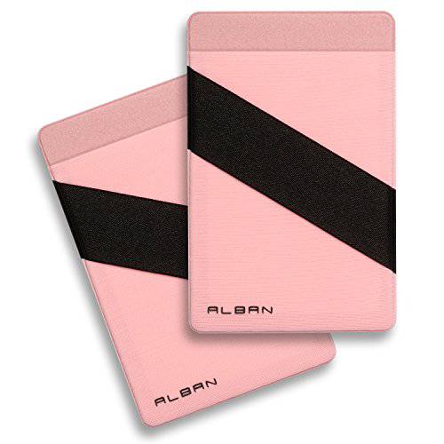 Alban 신용 카드 홀더 부착형, 스티커 휴대폰, 스마트폰 지갑 RFID 차단 with 핑거 스트랩 2 팩 (Pink)