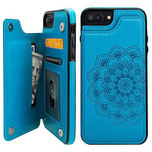 Vaburs 아이폰 7 플러스 아이폰 8 플러스 케이스 지갑 with 카드 Holder, Embossed Mandala 패턴 플라워 프리미엄 PU 가죽 이중 마그네틱, 자석 Buttons 플립 충격방지 Protective 케이스(Blue)