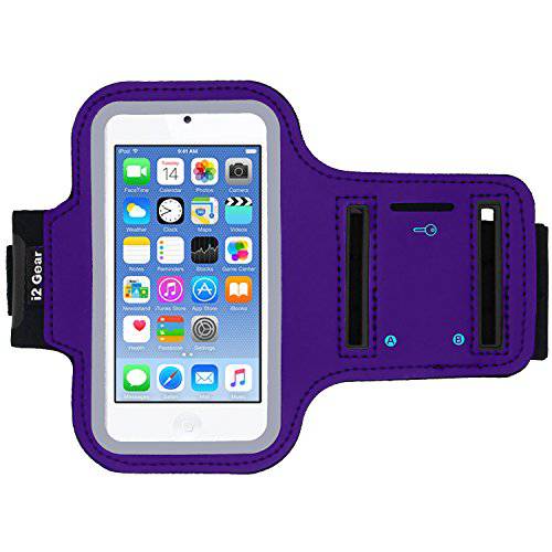 i2 Gear 런닝 운동 암밴드 호환가능한 with iPod 터치 7th, 6th and 5th Generation 디바이스 with 조절가능 스포츠 Band, Reflective Border, 터치 스크린 프로텍트 and 키 홀더 (Purple)