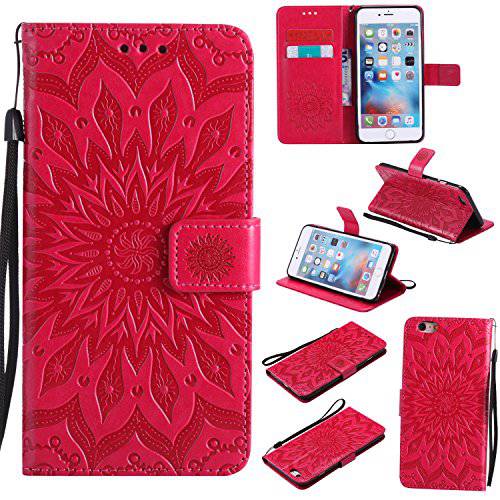 A-slim 아이폰 6/ 6S 지갑 케이스, (TM) 썬 패턴 Embossed PU 가죽 마그네틱, 자석 플립 커버 카드 홀더&  핸드 스트랩 지갑 Purse 케이스 for 아이폰 6/ 6S [4.7 Inch] - Red