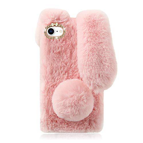 Mikikit Plush Bunny 케이스 for New 아이폰 SE 2, Adorable 풍성한 Plush 인조 토끼 Fur Protective 케이스 for Girl, Cute Furry 소프트 채워진것 Plush Animal 커버 for 아이폰 7/ 8/ SE 2020 (핑크)
