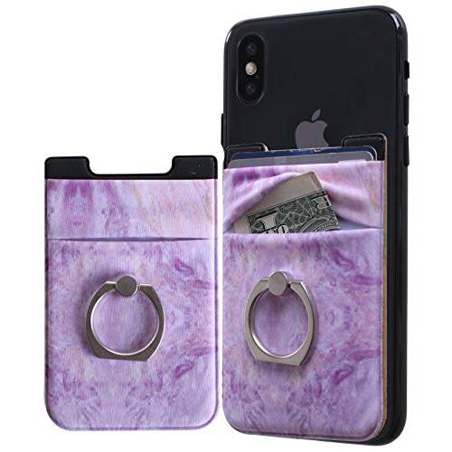 폰 카드 홀더 with 링, 4-in-1 휴대폰, 스마트폰 지갑 부착형, 스티커 Stretchy Spandex 링 카드 홀더 슬리브 for 가장 of 스마트폰 (마블,대리석무늬 Purple)