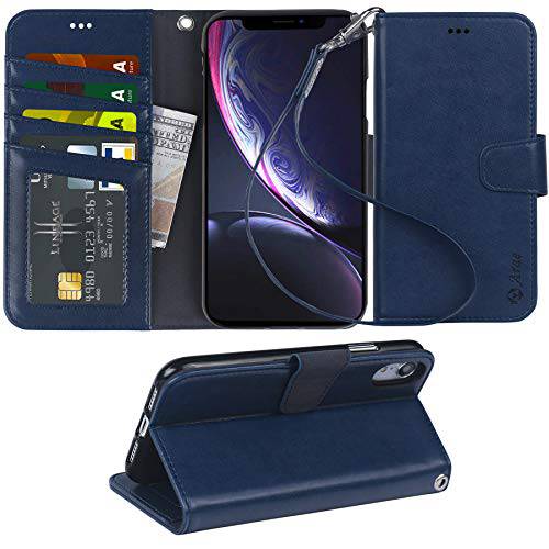 Arae  지갑 케이스 Designed 아이폰 XR PU 가죽 플립 케이스 커버 [지지대 기능] 손목 스트랩 and [4-Slots] ID& 신용 카드 포켓 아이폰 XR 6.1 인치 - 블루