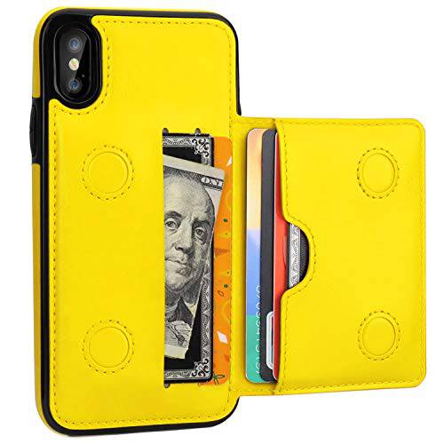 아이폰 Xs 지갑 케이스 아이폰 X 지갑 케이스 신용 카드 홀더, KIHUWEY  프리미엄 가죽 킥스탠드 듀러블 충격방지 보호 커버 아이폰 X/ Xs 5.8 인치 (Yellow)