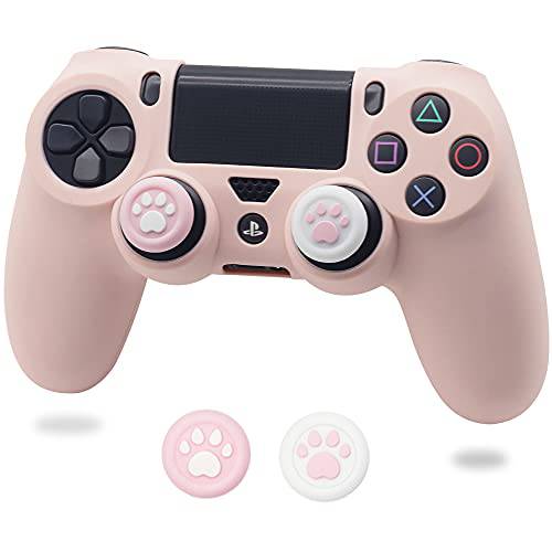 PS4 컨트롤러 스킨, BRHE Anti-Slip 그립 실리콘 커버 보호 케이스 호환가능한 플레이스테이션 4 슬림/ PS4 프로 무선/ 유선 게임패드 컨트롤러 2 고양이 Paw 썸 그립 캡 (Sakura 핑크)