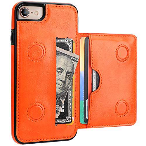 KIHUWEY 아이폰 7 지갑 케이스 아이폰 8 아이폰 SE 2020 지갑 케이스 신용 카드 홀더, 프리미엄 가죽 킥스탠드 듀러블 충격방지 보호 커버 아이폰 7/ 8/ SE 4.7 Inch(Orange)