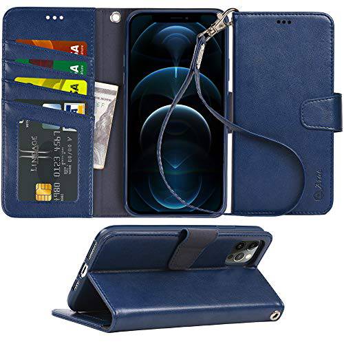 Arae 호환가능한 아이폰 12 프로 맥스 케이스 지갑 플립 커버 카드 홀더 and 손목 스트랩 - 블루