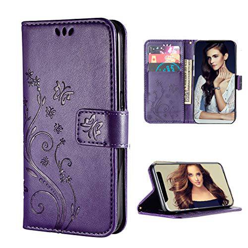 FLYEE 호환가능한 아이폰 12/ 아이폰 12 프로 (6.1 인치, 2020 릴리즈), 지갑 케이스 여성용 and 걸스 카드 홀더, [양각 버터플라이 플라워] Pu 가죽 플립 케이스 보호 Cover-Purple