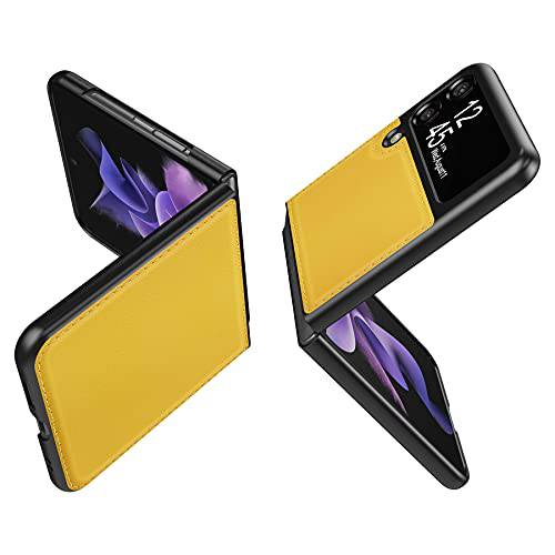 JOYYE 케이스 삼성 갤럭시 Z 플립 3 5G 2021, 정품 리얼 가죽 커버 보호 쉘 슬림핏 폰 케이스 갤럭시 Z Flip3 (Yellow)