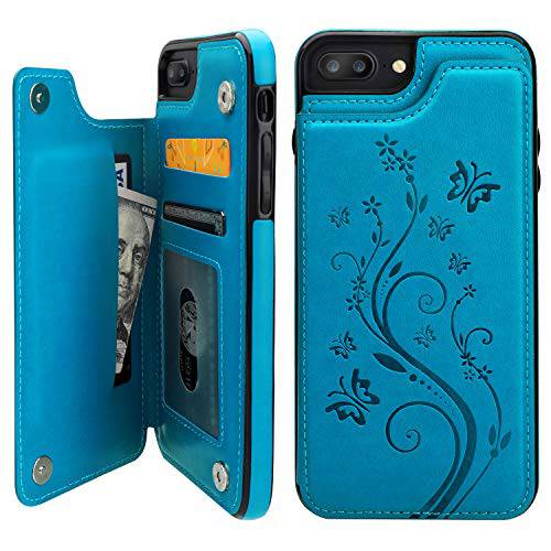 Vaburs 아이폰 7 플러스 아이폰 8 플러스 케이스 지갑 카드 홀더, 양각 버터플라이 프리미엄 PU 가죽 더블 자석 버튼 플립 충격방지 보호 커버 아이폰 7/ 8 플러스 Case(Blue)
