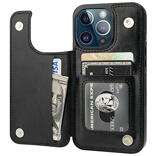 ONETOP 호환가능한 아이폰 13 프로 지갑 케이스 카드 홀더, PU 가죽 킥스탠드 카드 슬롯 케이스, 더블 자석 걸쇠 듀러블 충격방지 커버 6.1 Inch(Black)