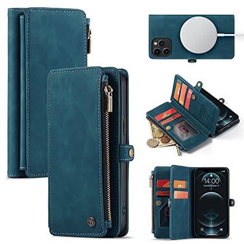 Caseme 자석 지갑 케이스 Designed 아이폰 12& 12 프로 (6.1) 플립 케이스, 호환가능한 MagSafe 충전기, PU 가죽 지퍼 폴리오 보호 케이스 자석 클로져 and 카드 Holder(Blue)